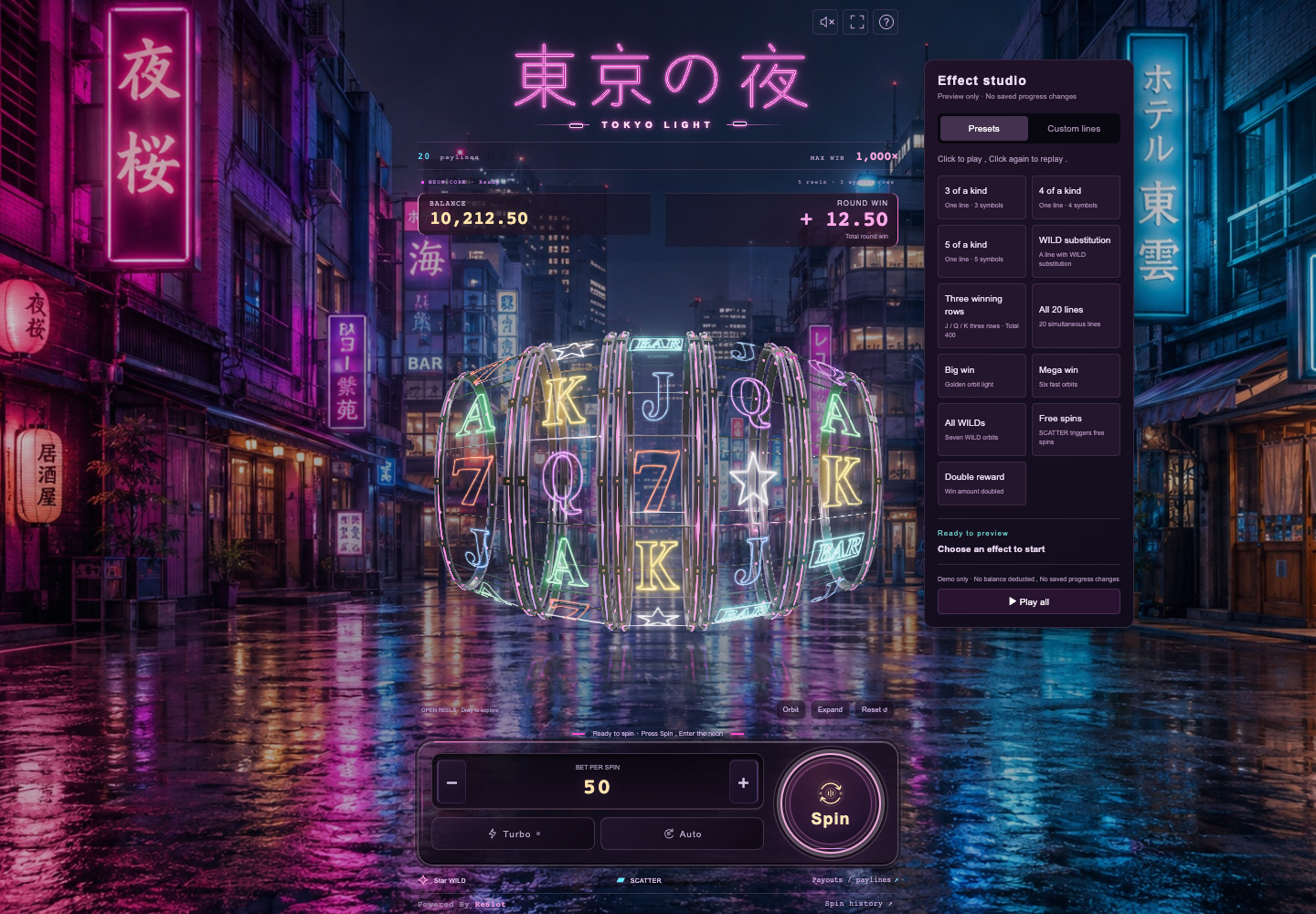 Tokyo Light gameplay: five 3D neon reels in a Tokyo night scene