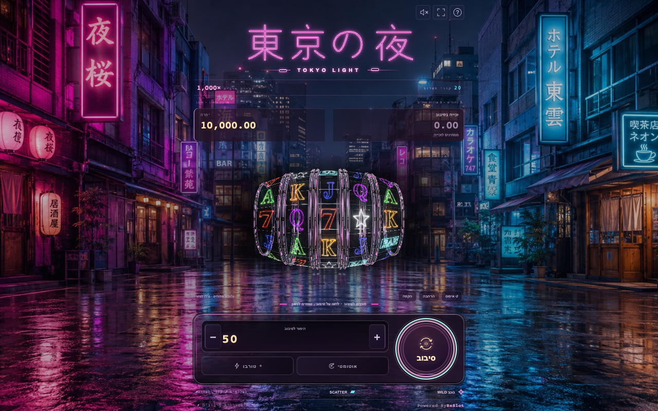 Tokyo Night gameplay: five 3D neon reels in a Tokyo night scene