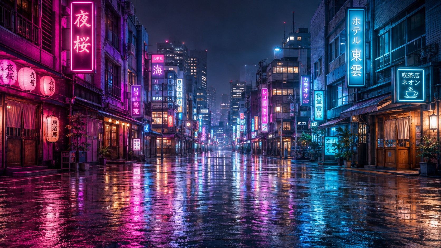 Tokyo Light: a neon-lit rainy street in Tokyo